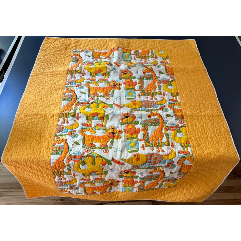 Vintage Circus Animal Baby Quilt Orange Yellow Giraffe Lion Nursery Blanket